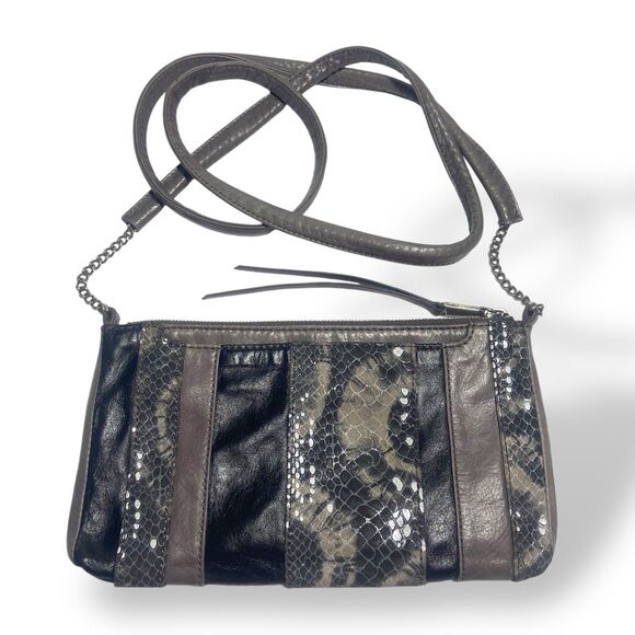 Vintage Hobo Crossbody Shoulder Bag WOC Grey Snake Print Genuine Leather 9x5 in - Picture 2 of 8